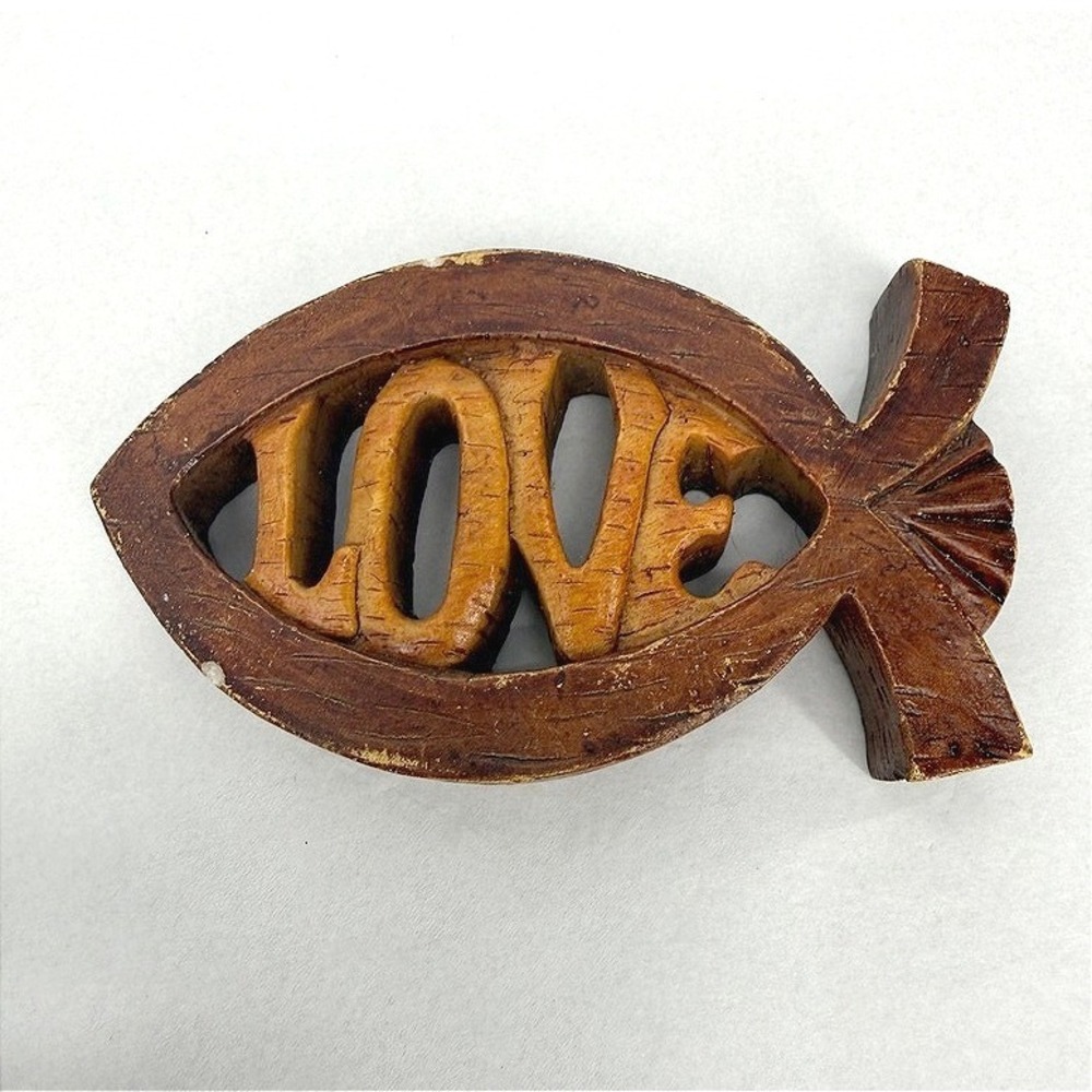 Carved Wood Fish Love Sign Rustic Christian Decor Ichthys Brown Shelf Sitter